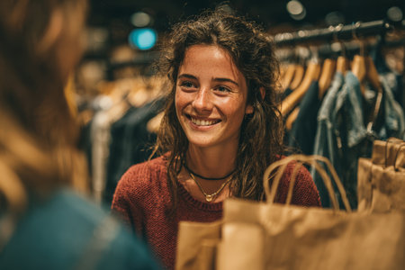 Female shopper with curly hair, is enjoying shopping experience in a vibrant clothing store, surrounded by stylish garments and shopping bags, showcasing happiness and excitementの素材