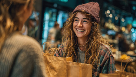 Female with curly hair, wearing a beanie, is happily chatting in a cafe surrounded by shopping bags, creating a warm and inviting atmosphere for social interactionの素材
