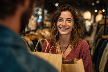 Happy woman with curly hair is holding shopping bags in a clothing store, surrounded by various garments, creating a lively and engaging shopping environmentの素材