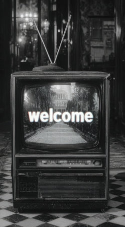 Retro television shows the word welcome, situated on a patterned floor in a beautifully decorated room, evoking a sense of nostalgia and warmthの素材