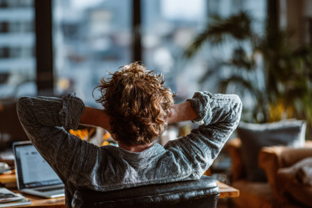 Male individual with curly hair is seated in a stylish workspace, hands behind head, surrounded by natural light and a cozy atmosphere, embodying relaxation and focusの素材