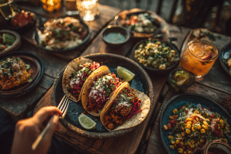 Tacos filled with vibrant ingredients, garnished with lime, served on rustic wooden table with side dishes and drinks, creating an inviting atmosphere for food loversの素材