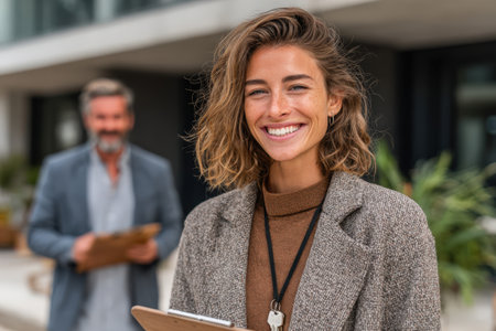 Cheerful woman with curly hair is holding a tablet outdoors, with a blurred male figure in the background, creating a vibrant and professional settingの素材