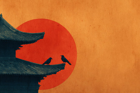 Two birds are silhouetted on a pagoda roof, set against a warm orange backdrop with a prominent red sun, evoking a sense of peace and natural beautyの素材