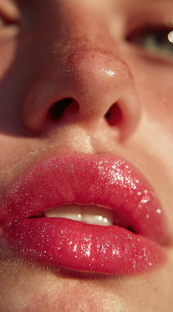 Close-up view of young woman's lips adorned with glossy pink lipstick, highlighting shine and smoothness, creating an engaging visual of beauty and self-expressionの素材
