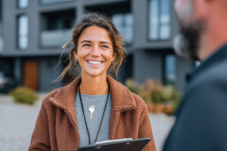 Cheerful woman in a brown jacket holds clipboard outdoors, exuding warmth and friendliness in a contemporary urban setting surrounded by greeneryの素材