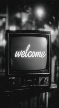 Retro television shows the word welcome in stylish font, set against a softly illuminated background, evoking feelings of nostalgia and warmthの素材