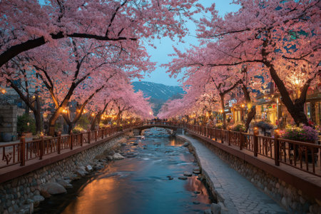 Beautiful cherry blossoms line a calm riverbank, reflecting soft evening light, creating a serene ambiance with nature's beauty and tranquilityの素材