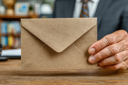 Male professional presenting a brown envelope in an office, emphasizing the significance of communication and correspondence in a business settingの素材