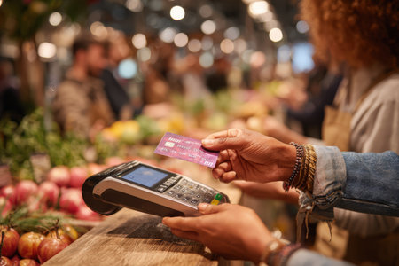 Female shopper is making a contactless payment with a card at a bustling market stall, surrounded by colorful fruits and vegetables, highlighting convenience and modernityの素材