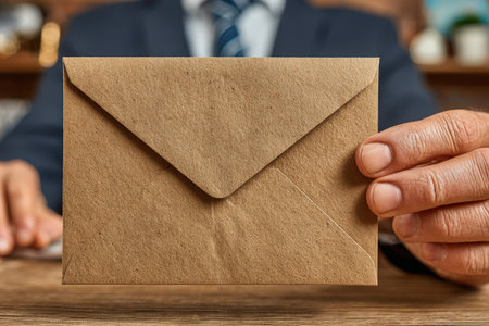 Professional man in a suit holds a brown envelope, emphasizing communication and business interactions in a contemporary office setting with a warm atmosphereの素材