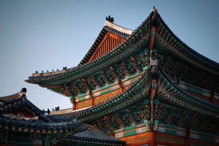Asian architectural masterpiece with ornate roof details and vivid colors, highlighting cultural significance and artistic craftsmanship in a tranquil environmentの素材