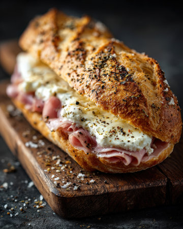 Delicious sandwich featuring ham and creamy cheese, garnished with herbs, presented on a wooden board, highlighting fresh ingredients and inviting presentationの素材