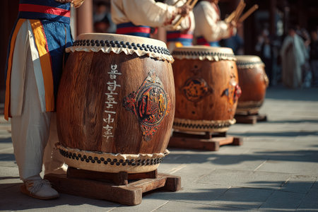 Group of traditional drummers in colorful attire, playing large wooden drums, creating an energetic ambiance, surrounded by an audience enjoying the festive performanceの素材