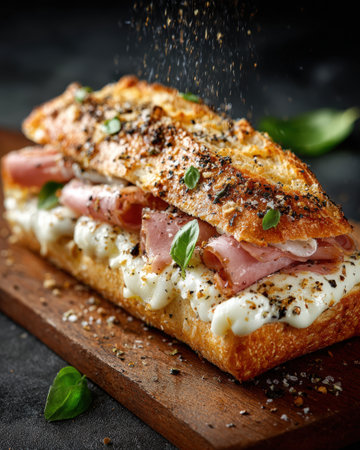 Delicious sandwich featuring ham, mayonnaise, and herbs on a wooden board, highlighting fresh ingredients and inviting presentation for food loversの素材