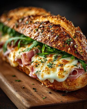 Gourmet sandwich with crispy crust, melted cheese, fresh greens, and savory meats, artfully arranged on wooden board, perfect for food styling and culinary inspirationの素材