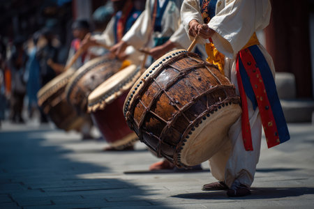 Musicians in traditional clothing are playing large wooden drums in a lively street environment, highlighting cultural expression and community engagementの素材