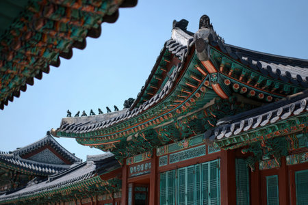 Ornate roof designs of traditional Asian architecture highlight intricate patterns and vibrant colors, reflecting cultural heritage in a serene outdoor environmentの素材