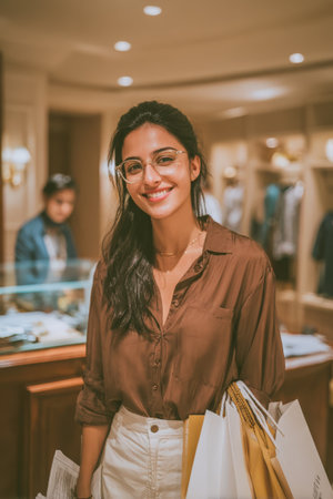 Female shopper with glasses, is smiling while holding shopping bags in a boutique, surrounded by elegant displays and a warm atmosphere, capturing retail joyの素材