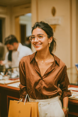 Female shopper with glasses, dressed in a chic brown shirt, is smiling and holding shopping bags in an elegant boutique, creating a vibrant shopping atmosphereの素材