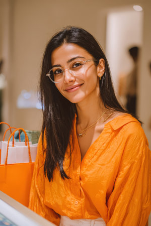 Female shopper with dark hair and glasses, is smiling in a contemporary retail environment, surrounded by colorful shopping bags and a bright atmosphereの素材