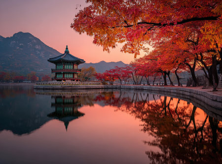 Traditional pavilion set amidst colorful autumn trees, reflecting beautifully in still water during sunset, evoking a sense of peace and natural beautyの素材