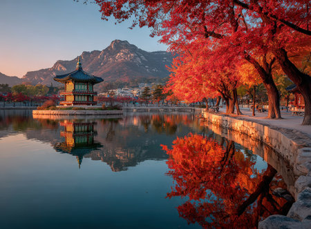 Autumn scene with a traditional pavilion by a tranquil lake, vibrant red trees reflecting in the water, and mountains creating a picturesque natural settingの素材