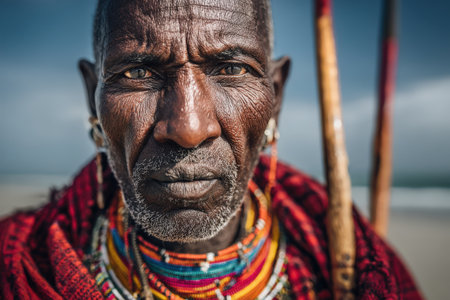 Senior man wearing traditional clothing and jewelry, stands proudly with a natural backdrop, reflecting cultural significance and deep-rooted heritageの素材