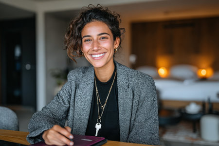 Confident woman with curly hair is seated at a table in a modern setting, exuding warmth and professionalism, surrounded by a stylish interior design ambianceの素材