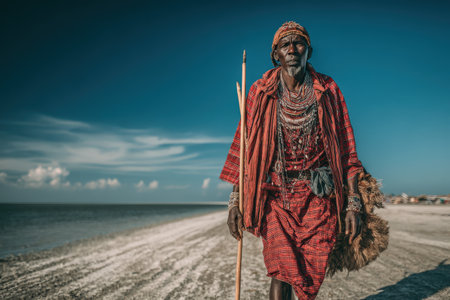 Traditional African man in vibrant attire walks along sandy beach, holding spear, surrounded by water and sky, illustrating cultural pride and natural beautyの素材