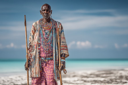 Traditional African man stands on sandy beach, wearing vibrant attire and jewelry, holding a staff, embodying cultural identity and strength in serene coastal environmentの素材