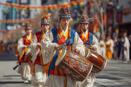 Group of Asian drummers dressed in traditional attire perform energetically during a cultural festival, surrounded by festive decorations and a lively street sceneの素材