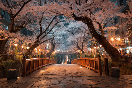 Beautiful cherry blossom trees create a stunning scene around a bridge at night, with gentle lighting enhancing the peaceful ambiance and inviting evening walksの素材