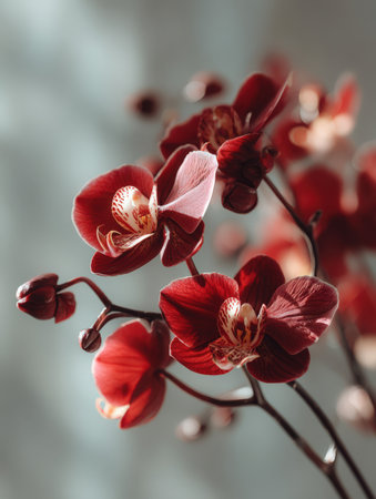 Stunning red orchids display intricate petal patterns and vibrant colors, creating an elegant floral arrangement that enhances any space with natural beautyの素材