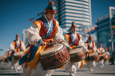 Group of Asian drummers in vibrant traditional clothing perform rhythmic beats on large drums during a lively cultural festival, celebrating heritage and unityの素材