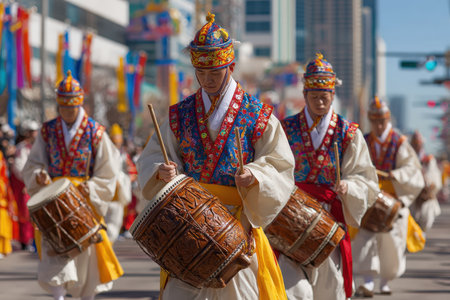 Group of Asian drummers in traditional costumes playing drums during a lively parade, surrounded by colorful decorations and a joyful crowd celebrating cultural heritageの素材