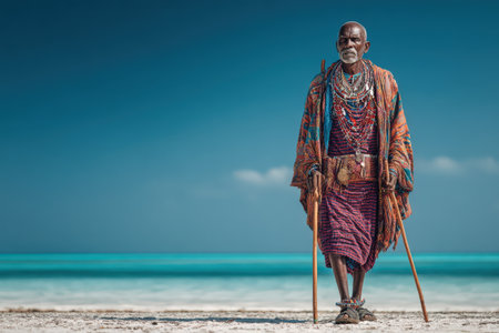 Senior man in vibrant traditional clothing stands on sandy beach, surrounded by turquoise waters, highlighting cultural identity and connection to natureの素材