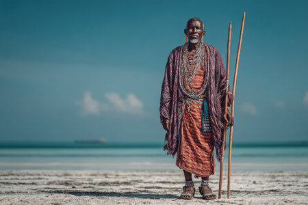 Senior man in colorful traditional clothing stands on sandy shore with wooden sticks, embodying cultural identity and harmony with nature in a tranquil coastal settingの素材