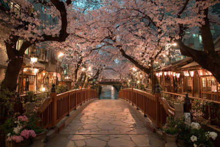 Nighttime view of a cherry blossom pathway adorned with glowing lanterns, leading to a stone bridge over calm water, evoking a peaceful ambianceの素材