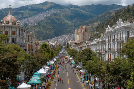 Crowds gather for a lively street festival, with colorful tents and historic buildings creating a festive atmosphere, surrounded by scenic hills and vibrant community engagementの素材