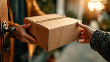Individual receives a cardboard package from delivery person at the doorstep, highlighting the ease of home delivery and the excitement of unboxing new itemsの素材