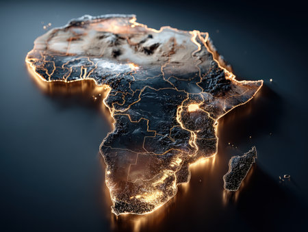 3D illustration of Africa, highlighting geographical features and illuminated borders, representing diverse landscapes and natural resources in a visually striking mannerの素材