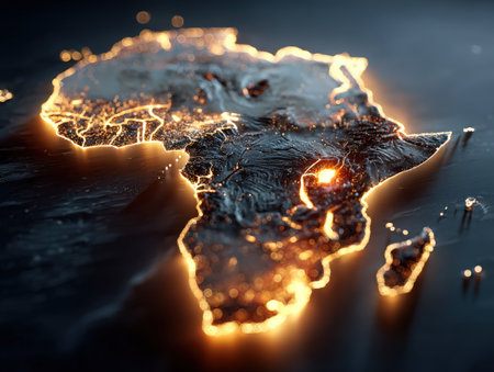 Artistic representation of Africa's map, featuring glowing borders and detailed city lights, highlighting the continent's beauty and cultural richness in a captivating visual displayの素材