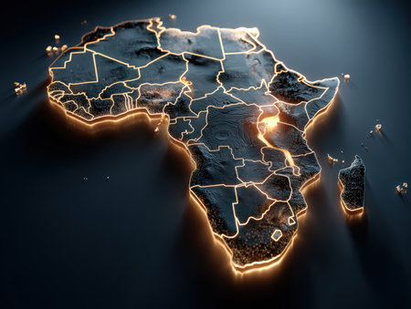 3D illustration of Africa map featuring illuminated borders and detailed textures, highlighting geographical features and cultural richness in a contemporary visual styleの素材