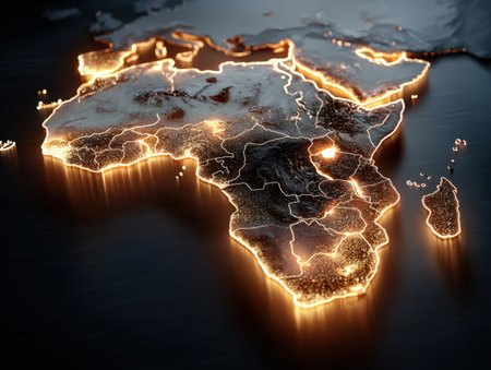 Detailed illuminated map of Africa with glowing borders, emphasizing geographical features and cultural diversity, showcasing the continent's beauty and significanceの素材