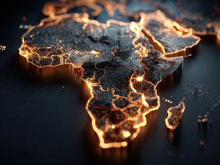 Glowing 3D illustration of Africa, highlighting detailed borders and textures, symbolizing the continent's diverse geography and cultural significance in a contemporary styleの素材