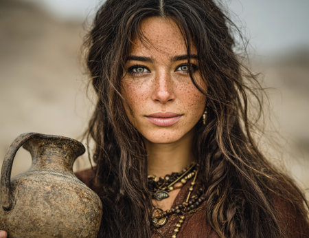 Female figure with long dark hair, holding pottery jug in outdoor setting, wearing natural jewelry, reflecting cultural heritage and artisanal craftsmanshipの素材