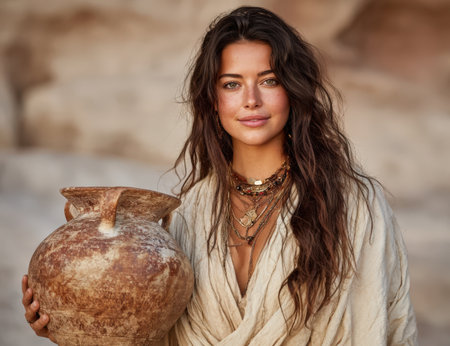 Female figure with long dark hair, dressed in a light robe, holds pottery jar in a natural environment, highlighting traditional craftsmanship and cultural significanceの素材