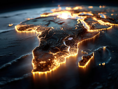 Nighttime view of Africa illuminated by city lights, revealing geographical features and urban areas, creating a captivating visual representation of the continent's diversityの素材