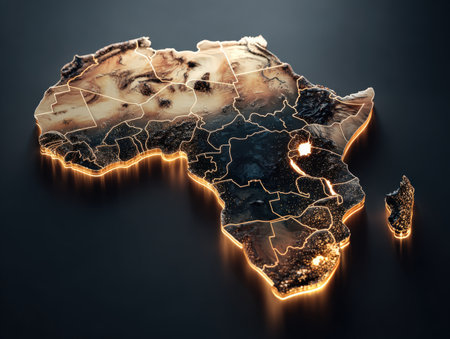 3D illustration of Africa map with illuminated borders, displaying geographical features and intricate details, emphasizing the continent's rich diversity and cultural heritageの素材